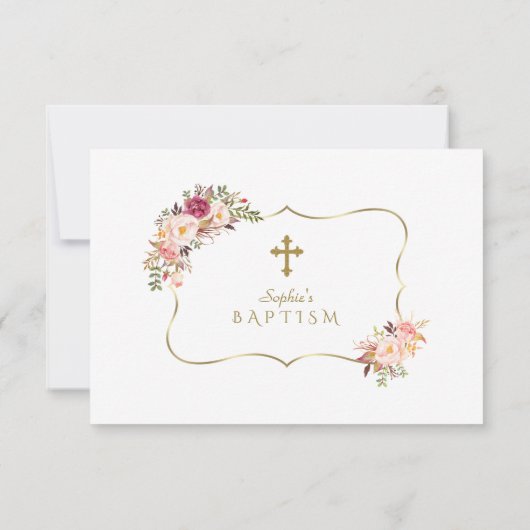 ピンク赤面フローラ金ゴールドフレームクロスバプテスマ サンキューカード (裏面)