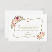 ピンク赤面フローラ金ゴールドフレームクロスバプテスマ サンキューカード (正面/裏面)