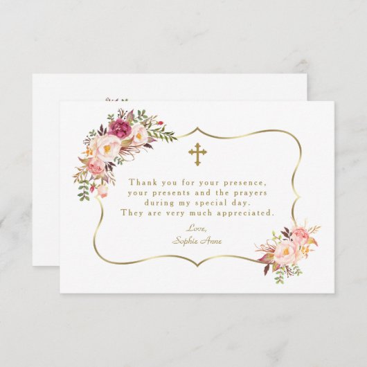 ピンク赤面フローラ金ゴールドフレームクロスバプテスマ サンキューカード (正面/裏面)