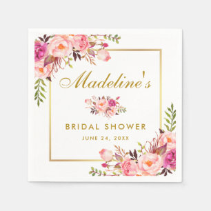 ピンク赤面フローラ金ゴールドフレームブライダルシャワー スタンダードカクテルナプキン