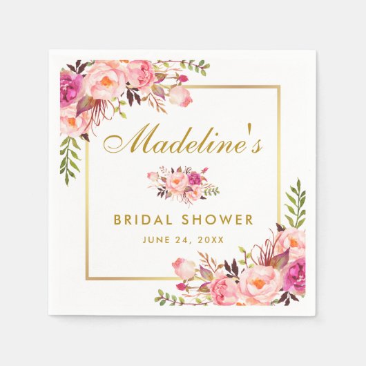 ピンク赤面フローラ金ゴールドフレームブライダルシャワー スタンダードカクテルナプキン (正面)