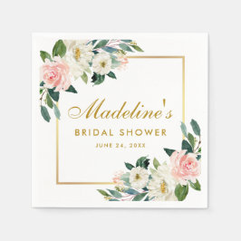 ピンク赤面フローラ金ゴールドフレームブライダルシャワー スタンダードカクテルナプキン