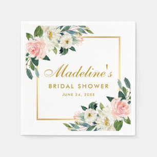ピンク赤面フローラ金ゴールドフレームブライダルシャワー スタンダードカクテルナプキン