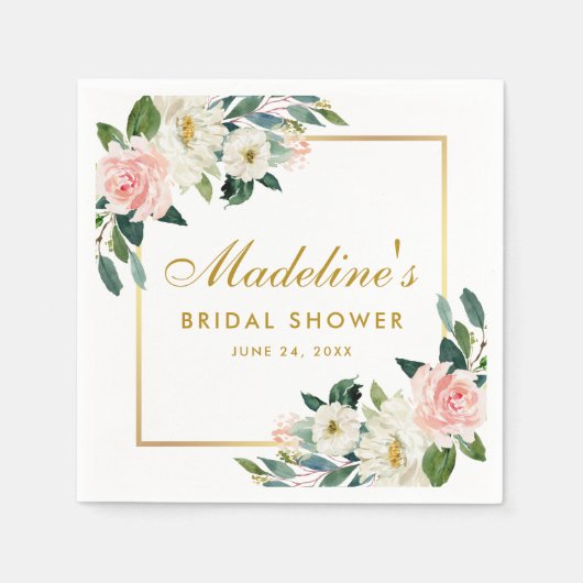 ピンク赤面フローラ金ゴールドフレームブライダルシャワー スタンダードカクテルナプキン (正面)