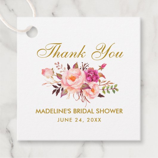 ピンク赤面フローラ金ゴールドブライダルシャワーありがとう フェイバータグ (正面)