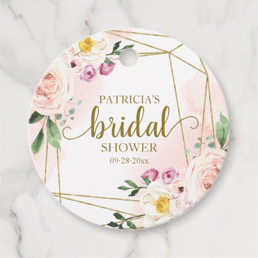 ピンク赤面フローラ金ゴールド幾何学的ブライダルシャワー フェイバータグ (正面)