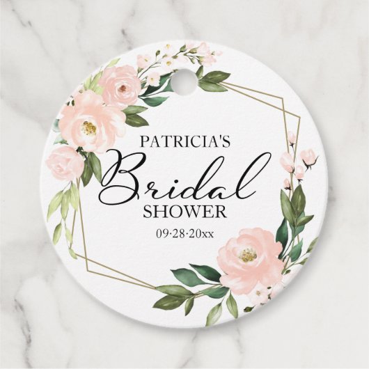 ピンク赤面フローラ金ゴールド幾何学的ブライダルシャワー フェイバータグ (正面)