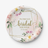 ピンク赤面フローラ金ゴールド幾何学的ブライダルシャワー ペーパープレート (正面)