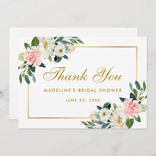 ピンク赤面フローラ金ゴールド感謝していブライダルシャワー 招待状 (正面/裏面)