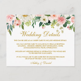ピンク赤面フローラ金ゴールド結婚の詳細挿入カード ポストカード