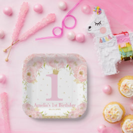 ピンク赤面フローラ金ゴールド1stバースデーガールプリンセス ペーパープレート