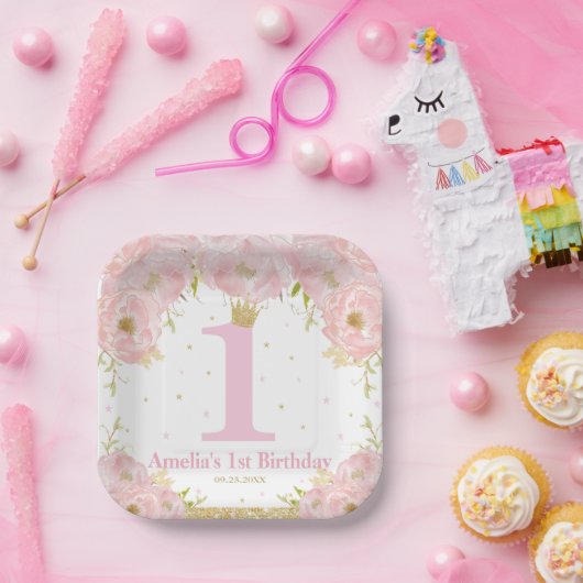ピンク赤面フローラ金ゴールド1stバースデーガールプリンセス ペーパープレート (パーティー)