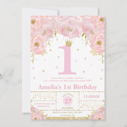 ピンク赤面フローラ金ゴールド1stバースデーガールプリンセス 招待状 (正面)
