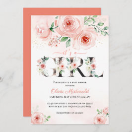 ピンク赤面フローラ – 女の子のベビーシャワー 招待状