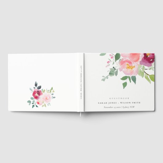 ピンク赤面ブルゴーニュバラウォーター結婚カラー ゲストブック (全面)
