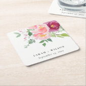 ピンク赤面ブルゴーニュバラウォーター結婚カラー スクエアペーパーコースター (アングル)