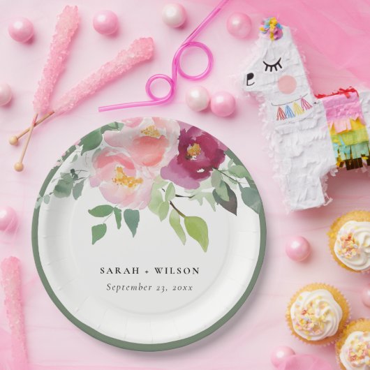 ピンク赤面ブルゴーニュバラウォーター結婚カラー ペーパープレート (パーティー)