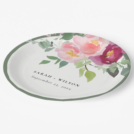 ピンク赤面ブルゴーニュバラウォーター結婚カラー ペーパープレート (アングル)