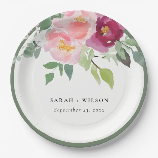 ピンク赤面ブルゴーニュバラウォーター結婚カラー ペーパープレート (正面)