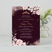 ピンク赤面ブルゴーニュバラバタフライキンセアニェラ 箔招待状 (立ち正面)