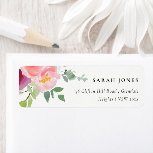 ピンク赤面ブルゴーニュバラ水彩アドレス ラベル (インサイチュ)