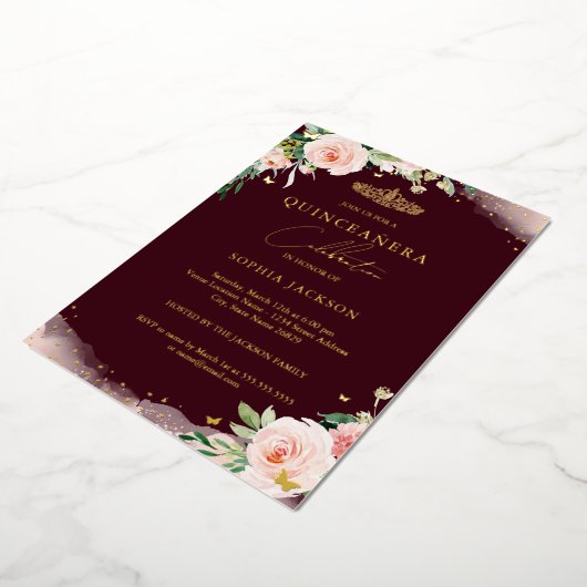 ピンク赤面ブルゴーニュフローラキンセアニェラ誕生日 箔招待状 (回転した状態)