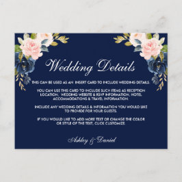 ピンク赤面ブルーフローラ結婚の詳細挿入カード ポストカード