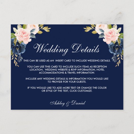 ピンク赤面ブルーフローラ結婚の詳細挿入カード ポストカード (正面)
