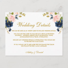 ピンク赤面ブルーフローラ金ゴールド結婚の詳細カード ポストカード