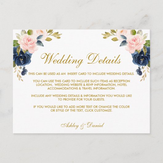 ピンク赤面ブルーフローラ金ゴールド結婚の詳細カード ポストカード (正面)