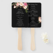 ピンク赤面ブルーミングフローラ結婚式 プログラムブラック ハンドファン (正面&裏面)