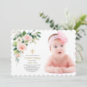 ピンク赤面ホワイトフローラフォトガール《キリスト教》洗礼式や命名式 招待状 (スタンド正面)
