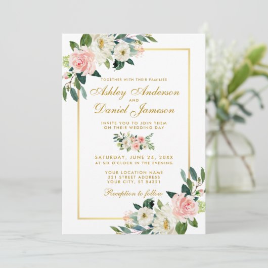 ピンク赤面ホワイトフローラ結婚金ゴールドの写真バック 招待状 (スタンド正面)