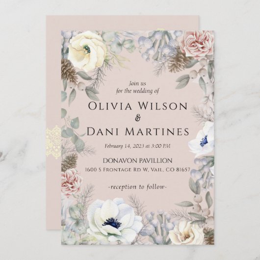 ピンク赤面ホワイトフローラ自然結婚式招待状 招待状 (正面/裏面)