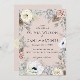 ピンク赤面ホワイトフローラ自然結婚式招待状 招待状