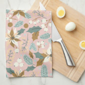 ピンク赤面ポインセチア冬クリスマス休日 キッチンタオル (四つ折り)