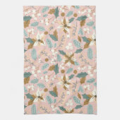 ピンク赤面ポインセチア冬クリスマス休日 キッチンタオル (縦)