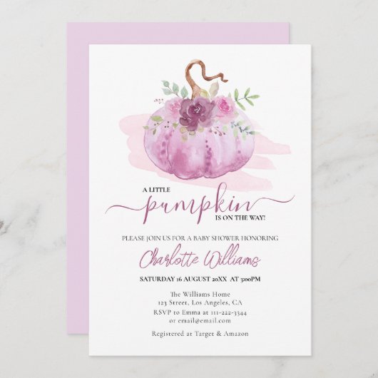 ピンク赤面マーブダスティバラパンプキンベビーシャワー 招待状 (正面/裏面)