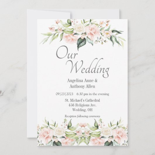 ピンク赤面ユーカリフローラ結婚式招待状 招待状 (正面)