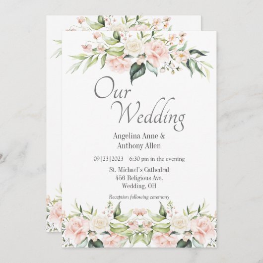 ピンク赤面ユーカリ結婚スフローラ 招待状 (正面/裏面)