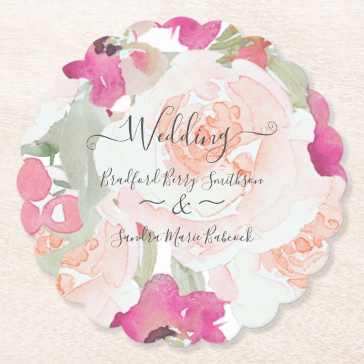ピンク赤面ラズベリーウォーター色結婚フローラ ペーパーコースター (正面)