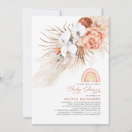 ピンク赤面レインボーパンパスグラスベビーシャワーガール 招待状 (正面)