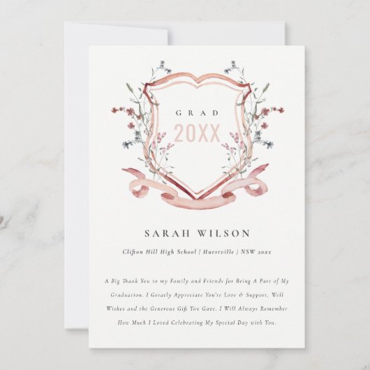 ピンク赤面ワイルドフラワーウォーターカラークレスト卒業 サンキューカード (正面)