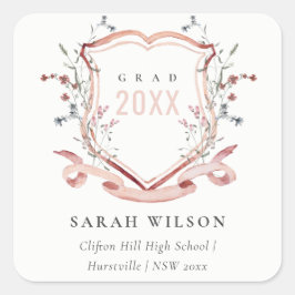 ピンク赤面ワイルドフラワーウォーターカラークレスト卒業 スクエアシール