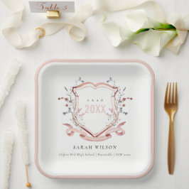 ピンク赤面ワイルドフラワーウォーターカラークレスト卒業 ペーパープレート