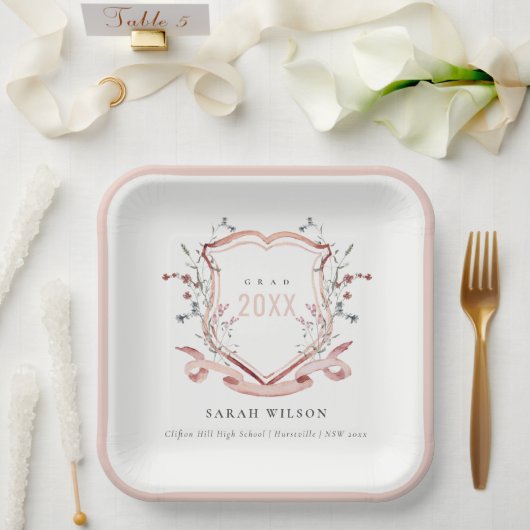 ピンク赤面ワイルドフラワーウォーターカラークレスト卒業 ペーパープレート (ウェディング)