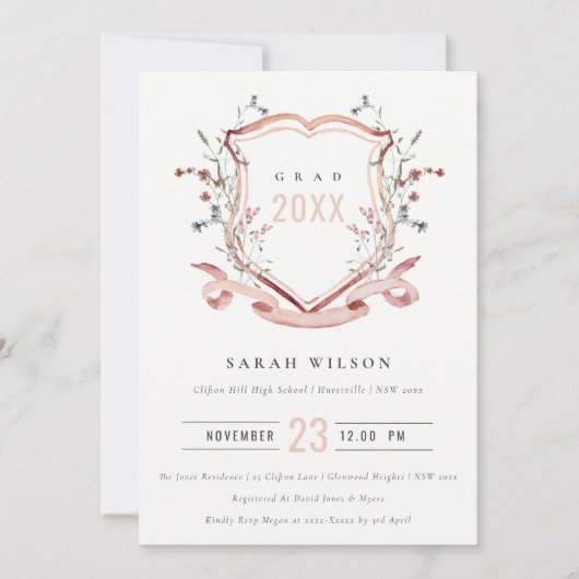 ピンク赤面ワイルドフラワーウォーターカラークレスト卒業 招待状 (正面)