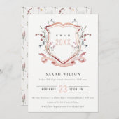 ピンク赤面ワイルドフラワーウォーターカラークレスト卒業 招待状 (正面/裏面)