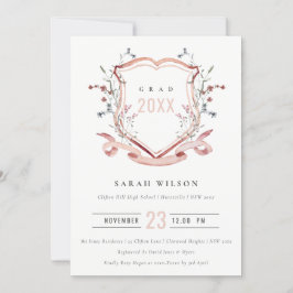 ピンク赤面ワイルドフラワーウォーターカラークレスト卒業 招待状