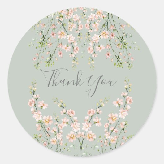 ピンク赤面ワイルドフラワーセージ緑ありがとう ラウンドシール (正面)